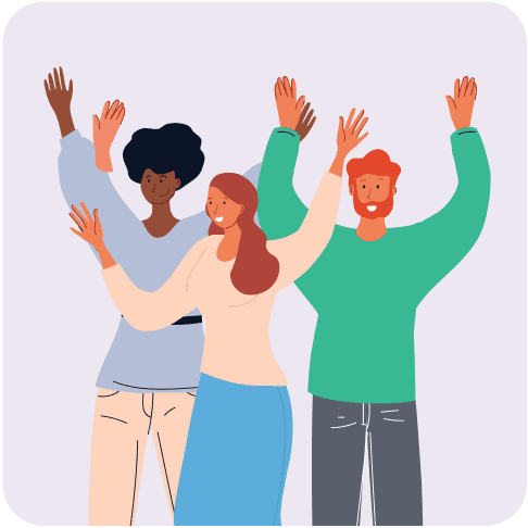 An illustration of three people celebrating and waving their hands up in the air