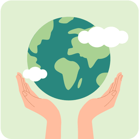 An illustration of a pair of hands reaching out from the bottom of the image to encircle a green planet Earth