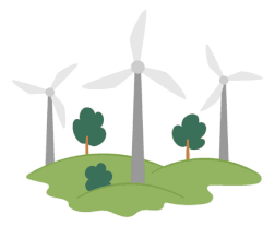 An illustration of wind turbines on a green landscape