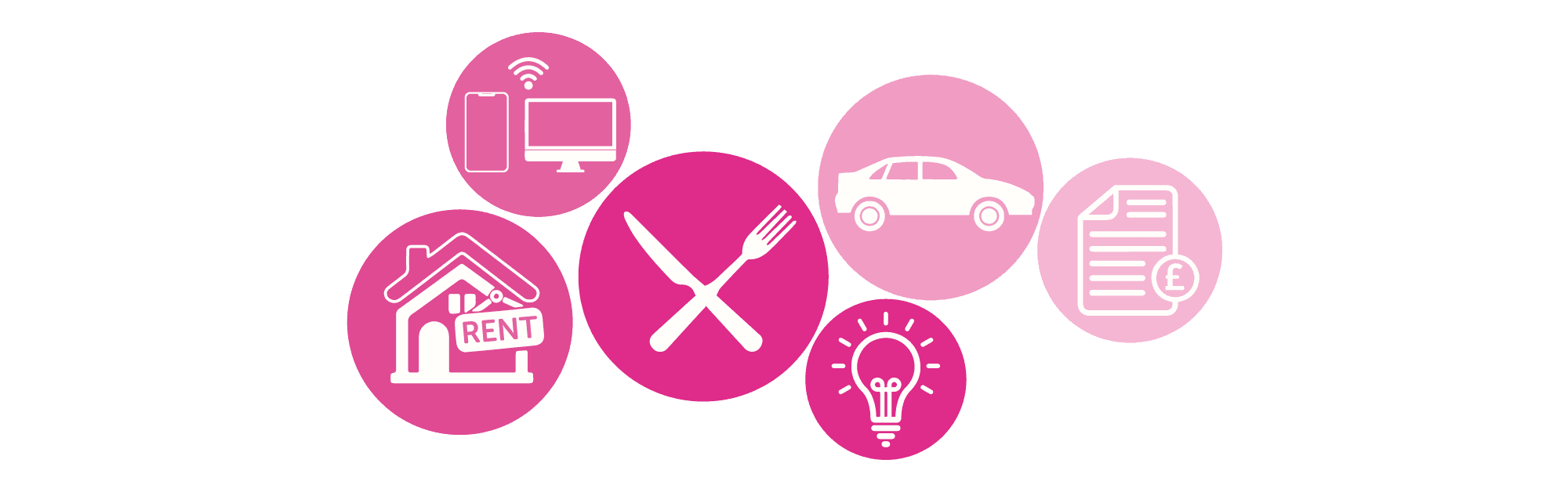 Illustrative icons of a car, light bulb, house, cutlery, mobile phone and money