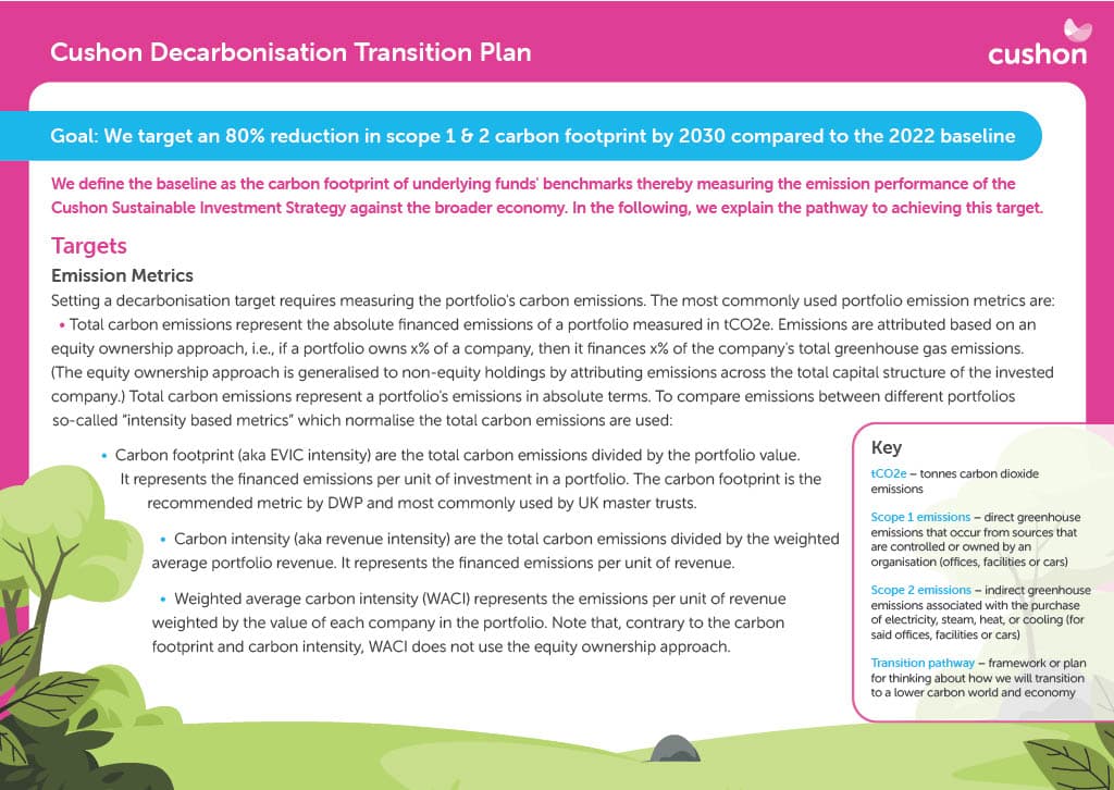 Goal: We target an 80% reduction in scope 1 & 2 carbon footprint by 2030 compared to the 2022 baseline. We define the baseline as the carbon footprint of underlying funds' benchmarks thereby measuring the emission performance of the Cushon Sustainable Investment Strategy against the broader economy. In the following, we explain the pathway to achieving this target.  Targets Emission Metrics Setting a decarbonisation target requires measuring the portfolio's carbon emissions. The most commonly used portfolio emission metrics are:  Total carbon emissions represent the absolute financed emissions of a portfolio measured in tCO2e. Emissions are attributed based on an equity ownership approach, i.e., if a portfolio owns x% of a company, then it finances x% of the company's total greenhouse gas emissions.  (The equity ownership approach is generalised to non-equity holdings by attributing emissions across the total capital structure of the invested company.) Total carbon emissions represent a portfolio's emissions in absolute terms. To compare emissions between different portfolios so-called “intensity based metrics” which normalise the total carbon emissions are used:   Carbon footprint (aka EVIC intensity) are the total carbon emissions divided by the portfolio value.  It represents the financed emissions per unit of investment in a portfolio. The carbon footprint is the  recommended metric by DWP and most commonly used by UK master trusts.   Carbon intensity (aka revenue intensity) are the total carbon emissions divided by the weighted  average portfolio revenue. It represents the financed emissions per unit of revenue.   Weighted average carbon intensity (WACI) represents the emissions per unit of revenue  weighted by the value of each company in the portfolio. Note that, contrary to the carbon  footprint and carbon intensity, WACI does not use the equity ownership approach.