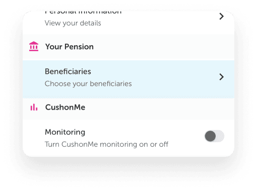 Screenshot of Cushon mobile app showing beneficiaries