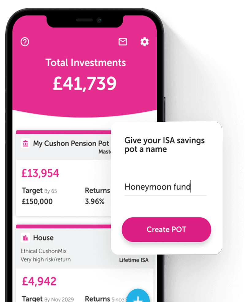 Screenshot of Cushon app and isa savings pots
