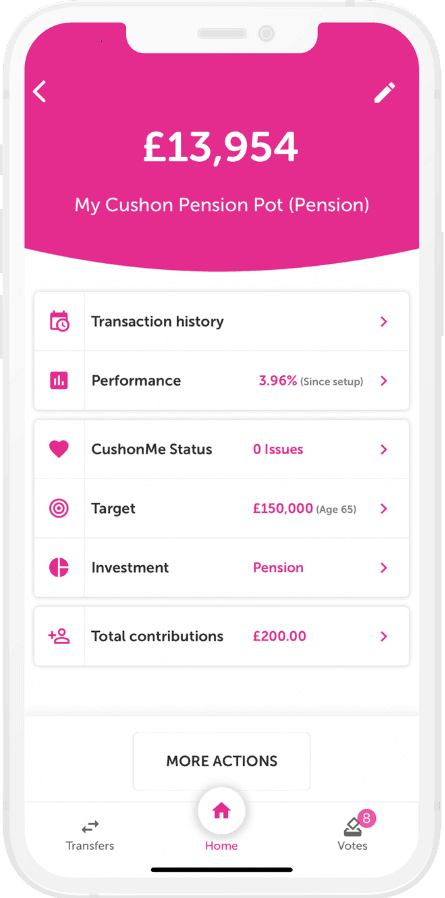 Cushon pension pot app screen showing total, transaction history, performance, target and more.