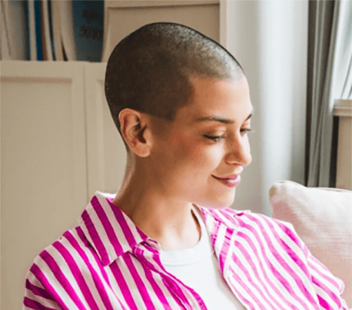 Woman in pink striped shirt