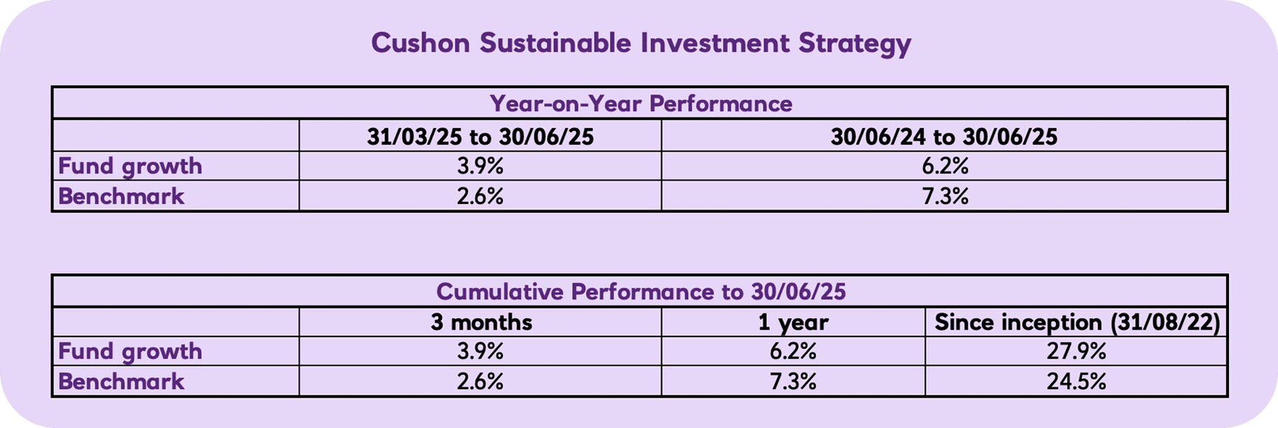 Q2 2025 Cushon Sustainable Investment Strategy year-on-year performance